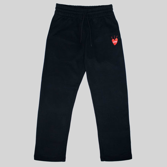 Product shot of Hopesbrands black Big Heart sweatpants, made from a cotton blend with an embroidered logo on the right thigh. Stylish and comfortable for everyday wear.