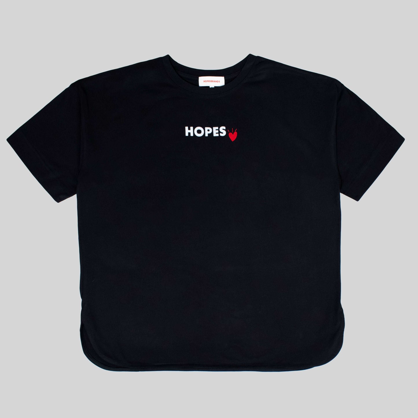 Product shot of Hopesbrands women's oversized black Cool Touch T-shirt, featuring a white flocked Hopes logo with a red heart on the chest, emphasizing comfort and breathability, for everyday wear.