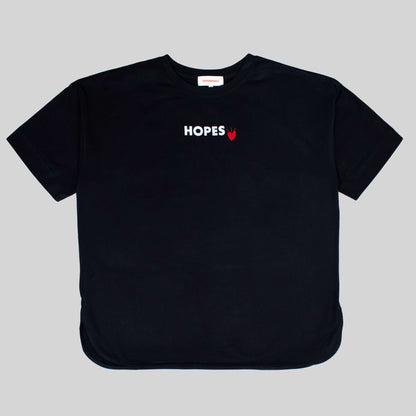 Product shot of Hopesbrands women's oversized black Cool Touch T-shirt, featuring a white flocked Hopes logo with a red heart on the chest, emphasizing comfort and breathability, for everyday wear.