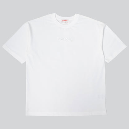 Product shot of Hopesbrands men's off-white tonal T-shirt with tone-on-tone 'Hopes' logo on the chest, highlighting its sleek and versatile design.