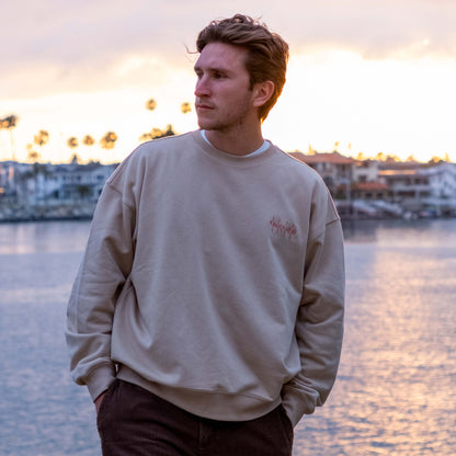 Male model wearing a beige Hopesbrands Big Heart crewneck sweatshirt stands against a beach backdrop. The sweatshirt features a relaxed design, emphasizing comfort and durability for everyday wear.