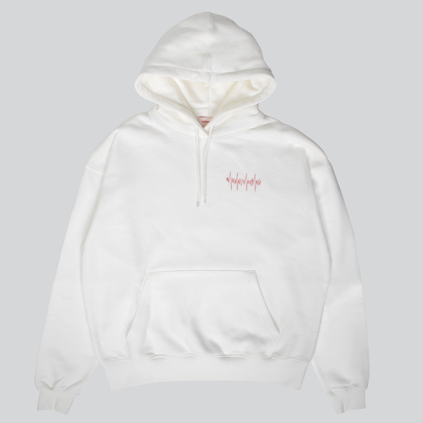 Off-white Big Heart hooded sweatshirt with red lifeline stitches on left chest, made from a comfortable cotton blend.