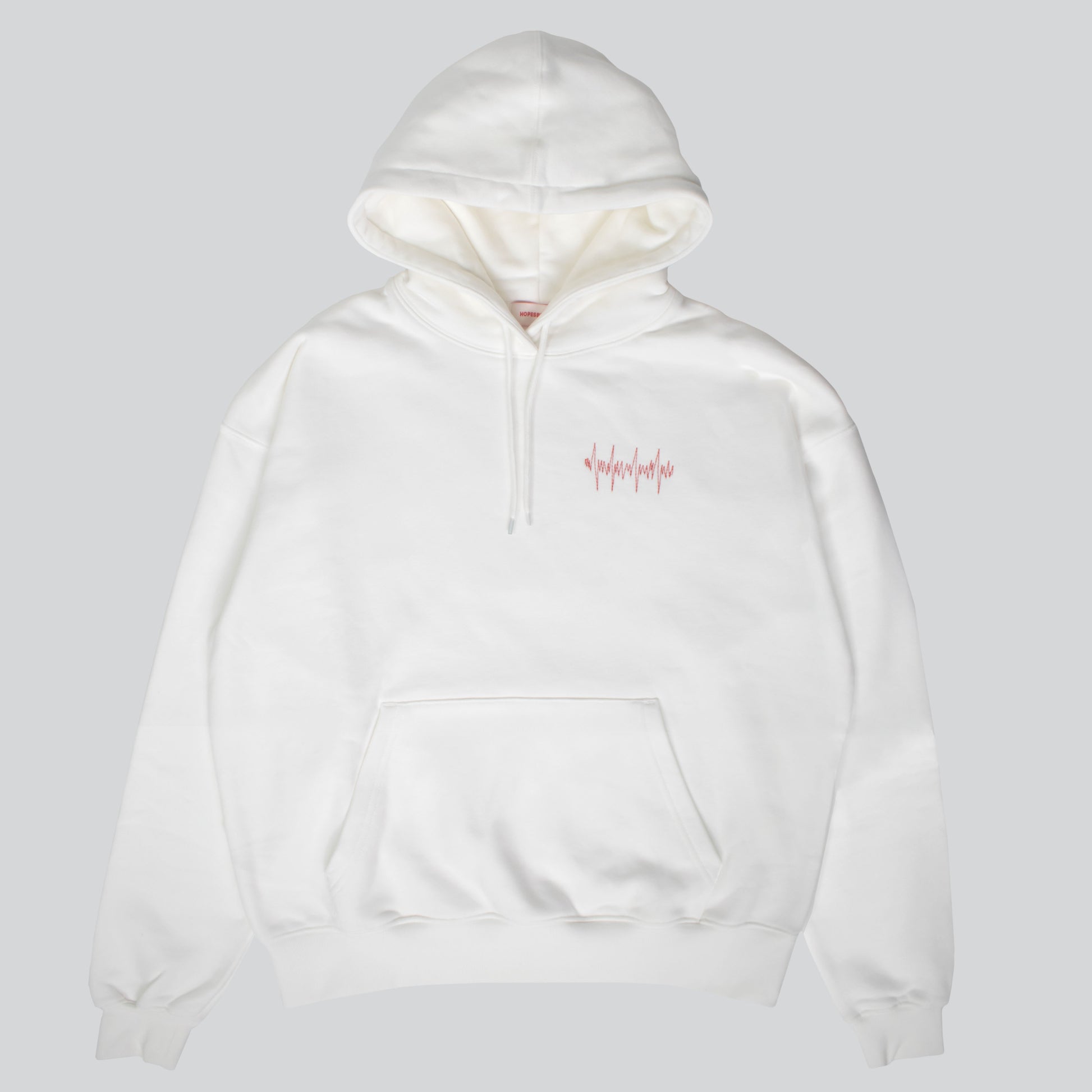 Off-white Big Heart hooded sweatshirt with red lifeline stitches on left chest, made from a comfortable cotton blend.