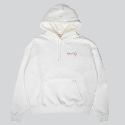 Off-white Big Heart hooded sweatshirt with red lifeline stitches on left chest, made from a comfortable cotton blend.