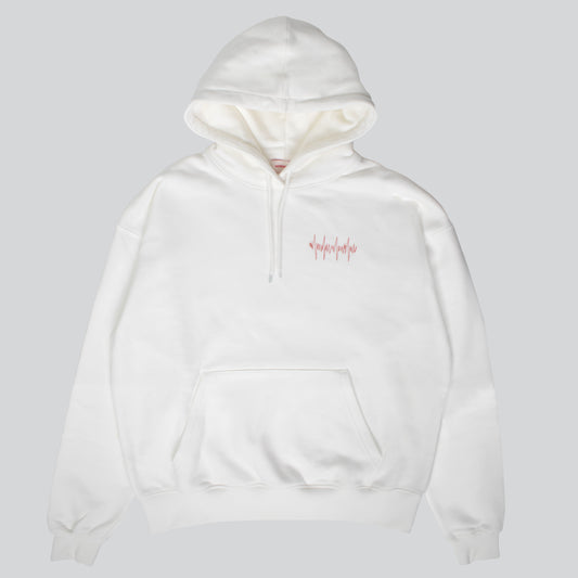 Off-white Big Heart hooded sweatshirt with red lifeline stitches on left chest, made from a comfortable cotton blend.