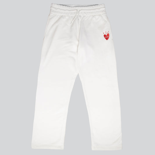 Product shot of Hopesbrands off-white Big Heart sweatpants, crafted from a cotton blend, featuring the signature Big Heart logo embroidered on the right thigh. Stylish, comfortable, and versatile for everyday wear.