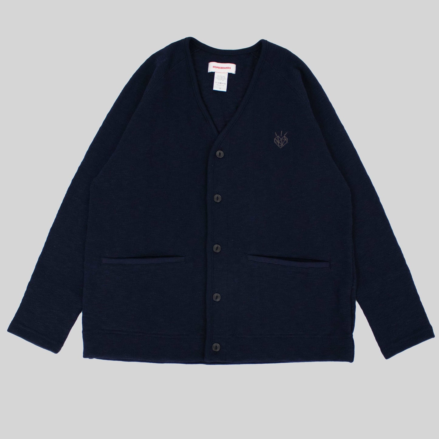 Hopes x Tieasy dark navy cardigan with embroidered diamond heart logo, two pockets, and a comfortable fit.