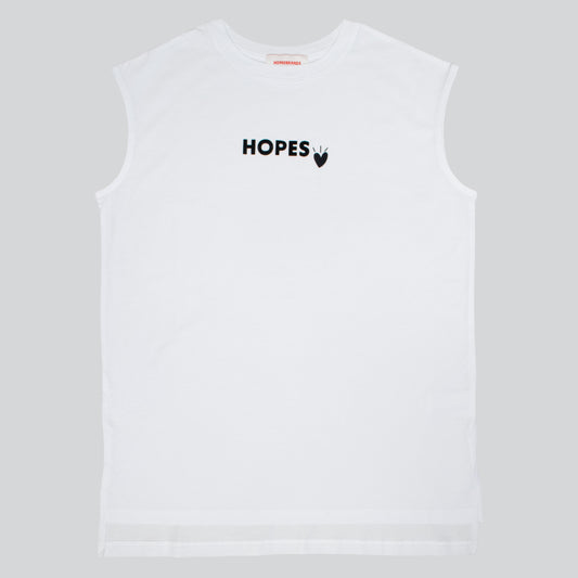 Hopesbrands white Cool Touch Tank Top with black flocked Hopes logo on chest, designed for comfort and breathability.