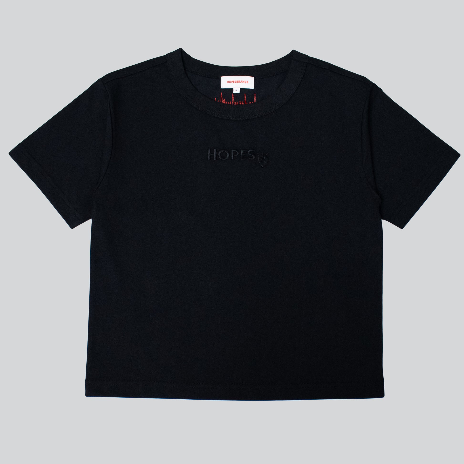 Hopesbrands women's black tonal short sleeve T-shirt with tone-on-tone embroidered Hopes logo, offering a sleek and versatile design.